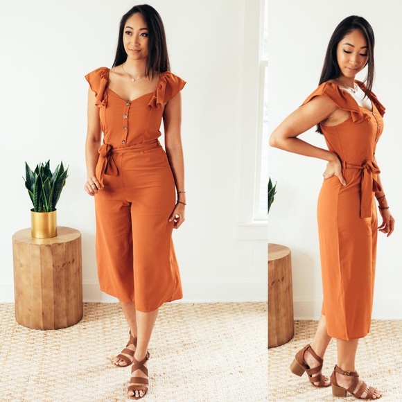 NWT Waverly Caramel Ruffled Sleeve Jumpsuit - Picture 2 of 4